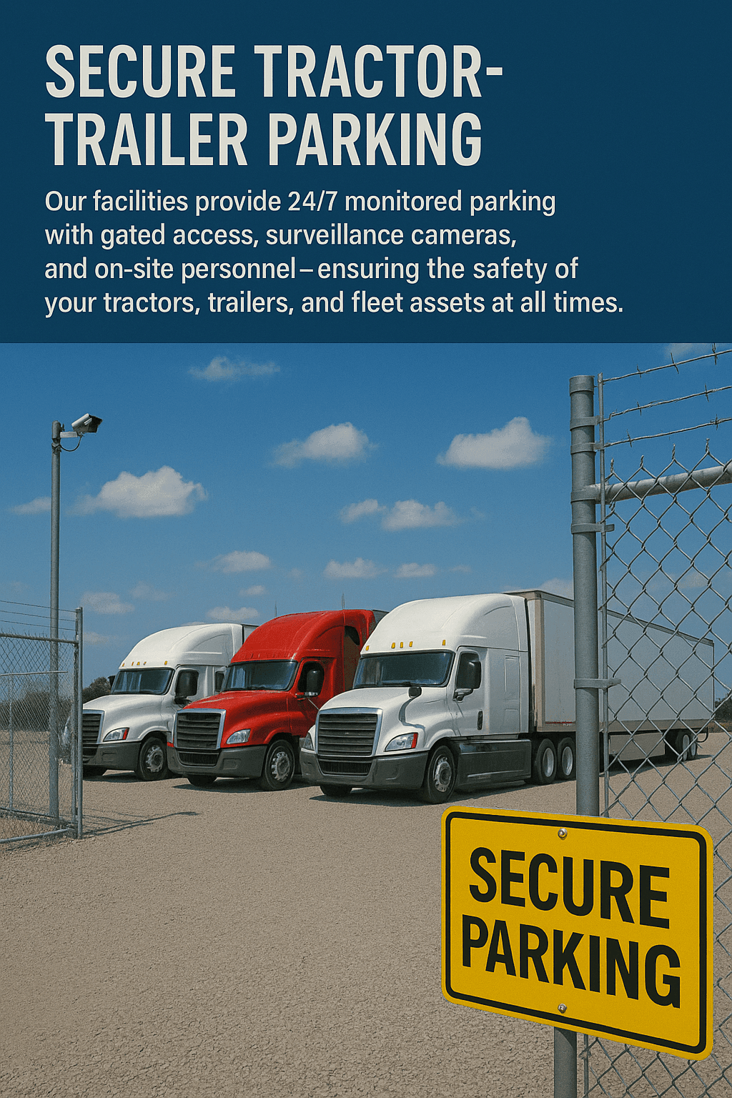 secure truck parking, trailer storage, commercial fleet parking, tractor-trailer parking, secure fleet yard, semi-truck parking