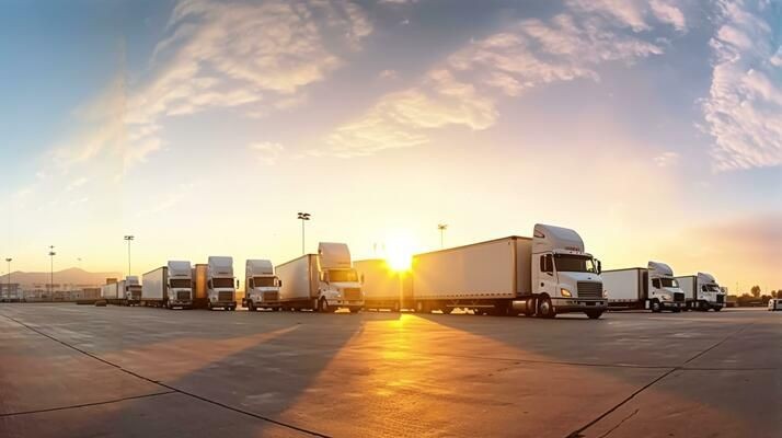 Rows of semi-trucks parked in an open lot under a vibrant sunrise sky.