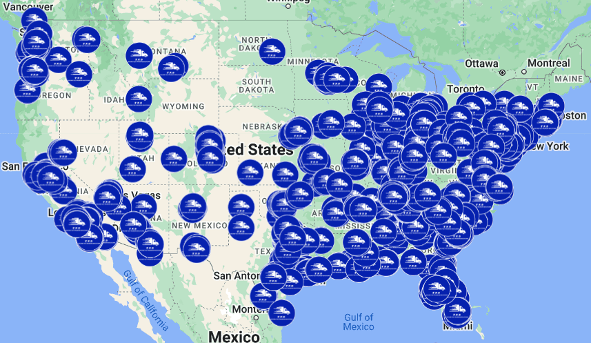 Map of the United States showing numerous blue pins clustered in various regions.