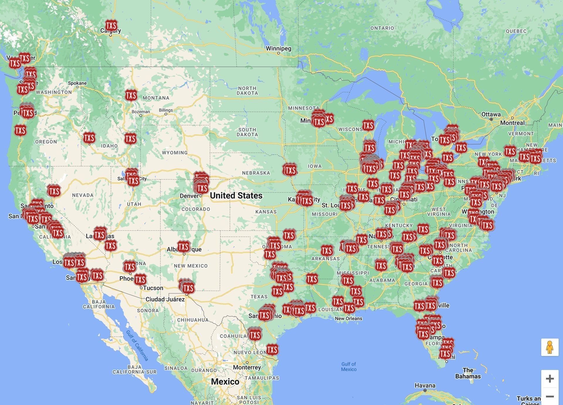Map of the United States with multiple TXS markers spread across various cities and regions.